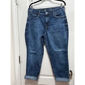 Old Navy OG Straight High Rise Distressed Jeans‎ Dark Wash 12 Petite Raw Hem